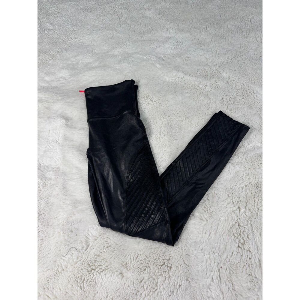 SPANX Faux Leather Moto Leggings Black Size M High Rise Stretch Coated